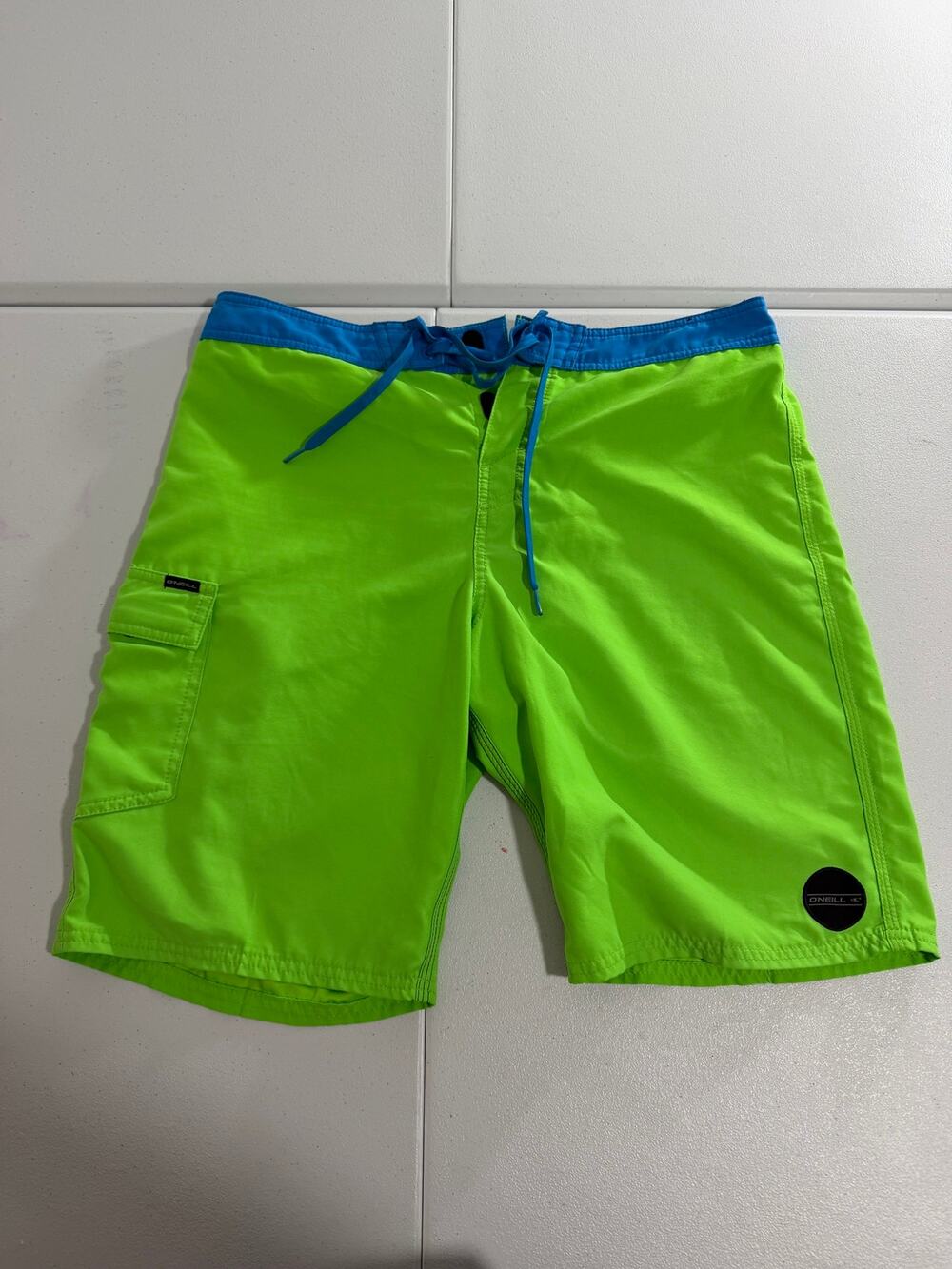 O'Neill Mens Board Shorts 32 Neon Green Blue Swim Trunks Cargo Pocket Surf Beach